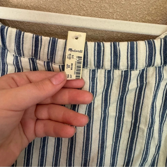 Madewell Linen Striped Nautical Off The Shoulder Flounce Cropped Jumpsuit C - Picture 4 of 5
